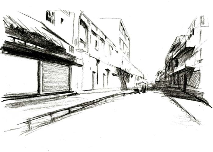 street with one point perspective drawing